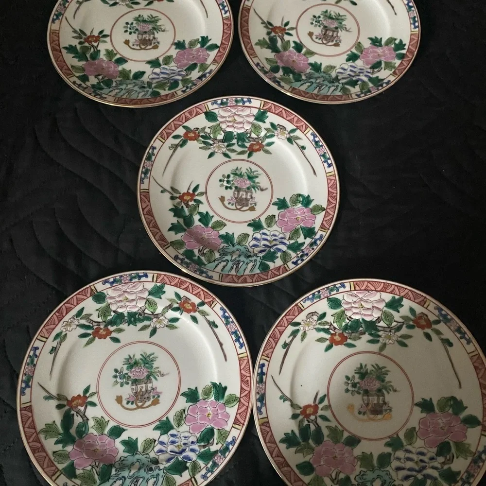 5 Kutani Yaki Ware Japanese Hand Painted  Floral 7.5” MCM Gold Trim Plates